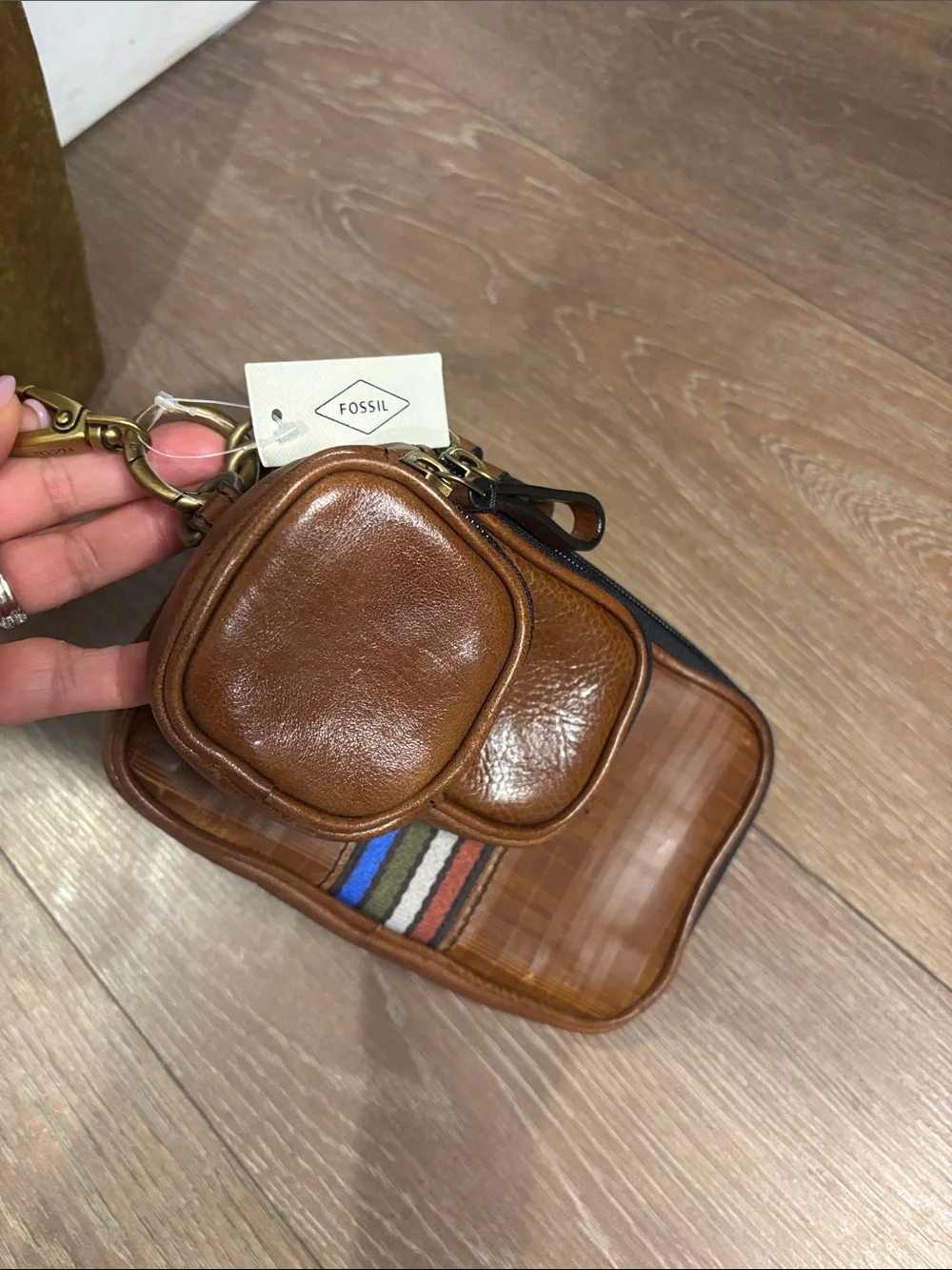 Fossil Brown Leather triple pouch set Organizer with Striped Accent
